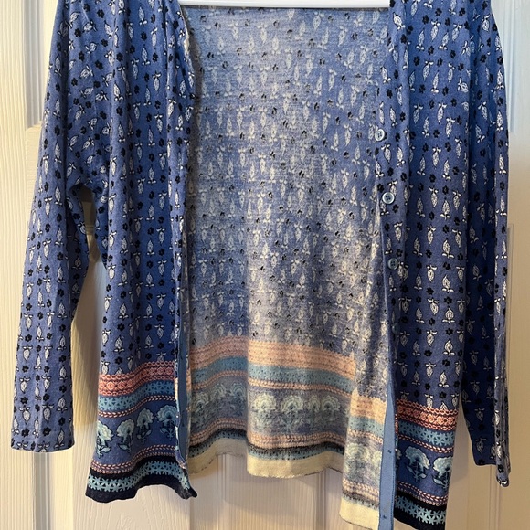 Garnet Hill Patterned Blue Lightweight Cardigan 100% Merino Wool 3/4 Sleeves - Picture 2 of 11